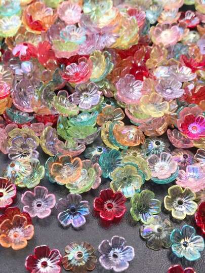 100pcs Transparent Multi-Color Plum Blossom Shaped Acrylic Beads, Suitable For DIY Crafts And Jewelry Making