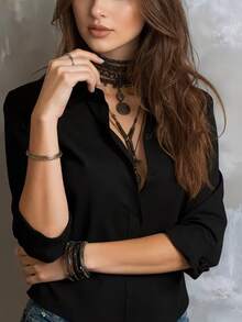 Áo sơ mi dài tay nữ màu trơn mới năm 2026, thiết kế cổ áo, toát lên vẻ chuyên nghiệp và năng lực, được làm từ chất liệu thân thiện với da và thoải mái. Màu đen mùa xuân. - màu đen - Xem 3