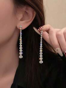 1 Pair Fashionable Long Water Drop Rhinestone Earrings, Suitable For Daily Wear By Women - 銀級 2 - 查看 5