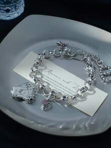 1pc Elegant Red Zirconia Heart Pendant & Crown Charm Bracelet, Suitable For Women's Daily Wear - Bracelet - View 9