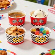 10 Stücke/20 Stücke/60 Stücke, Rennthemen Papier Schüsseln, rot-weiß karierte Pappteller, Rennthemen Eiscreme Becher - karierte Flagge & "LOS!" Dessert Schüsseln, Einweg Papier Snack Becher für Rennauto Geburtstags Party & Themen Geburtstagsfeier - Übersicht 4