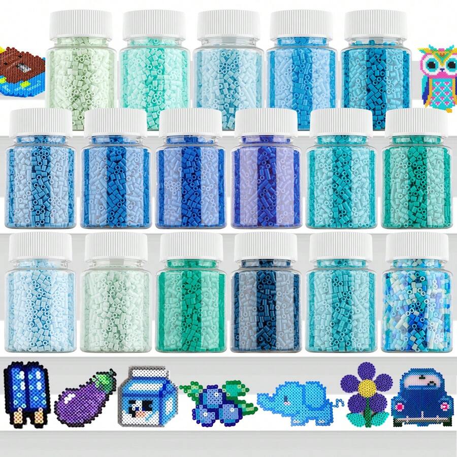 2,6 mm Perles de fusion Sundymot, série de couleurs bleues, emballées individuellement, 2000 pièces+ avec bouteille de rangement, anti-déversement, fournitures artisanales pour fabrication de bijoux, pendentifs, porte-clés, cadeaux pour remise des diplômes, rentrée scolaire, Noël, fête, anniversaire, kit de recharge de perles de fusion multicolores de 2,6 mm - Perles puzzle de 2,6 mm - Voir 1