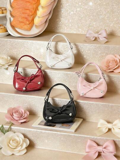 1 pieza de bolso de cadena de moda y popular, bolso de hombro con lazo, bolso cruzado lindo, con un lindo y dulce bolso decorado con lazo, material de PU con cierre magnético, adecuado para compras, asistir a fiestas, uso diario, sostener auriculares y pañuelos, bolso cruzado de cadena de unicolor de color caramelo, la mejor opción para regalar