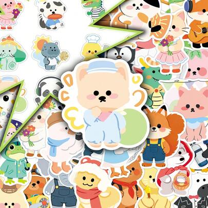 50pcs Original Doodle Small Animal Cartoon Cute Fairy Tale Style Decorative Stickers For Luggage, Phone Case