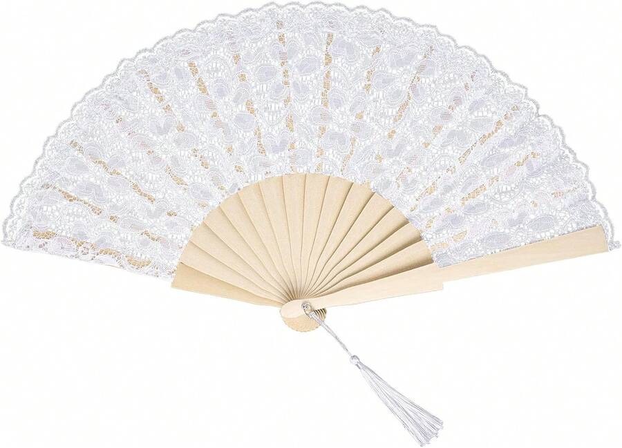Elegant White Lace Folding Fan - Bamboo & Silk Hand Fan For Weddings & Parties - 白色的 - 查看 1