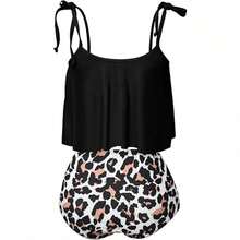 Ladies' Tankini Two-Piece Swimsuit High-Waisted Bikini Set With Tummy Control Bottoms And Ruffle Strap Tank Top - Đen + Họa tiết da báo - Xem 6