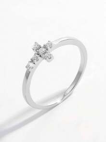 Jessie Jewelry 1pc Fashionable Petite Exquisite Shiny Classic Religious 925 Silver Cubic Zirconia Cross Ring, Suitable For Women's Daily Commute, Dating, Showcasing Elegant, Gift - Silver - View 3