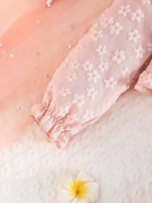 2件套少女优雅时尚甜美女士风格雪花图案开衫外套和领结网纱连衣裙套装 - 粉色 - 查看 6