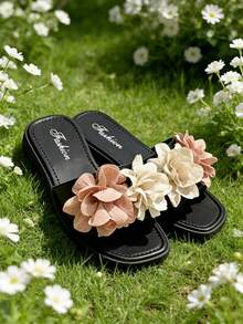 女士纯色露趾平底凉鞋，女士3D立体花卉装饰平底凉鞋，女士夏季凉鞋，新款沙滩凉鞋，优雅休闲多功能女士平底拖鞋，舒适女鞋，黑色鞋，女士黑色鞋，凉鞋，秋季女鞋 - 黑色 - 查看 3