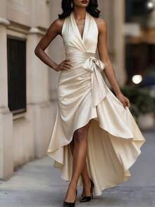 Robe longue d'été élégante pour femmes, col V asymétrique, sans manches, couleur abricot. Convient pour les banquets, les soirées, les invités de mariage, les fêtes élégantes, le style de rue, les cérémonies de remise des diplômes, les vacances - Nude - Voir 3