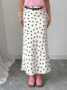 Women's Polka Dot Satin Maxi Skirt, Spring Summer Elastic High Waisted Elegant Flowy A-Line Long Skirt - White - View 8
