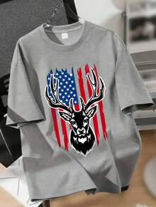 Young Boy's Stylish Antler & National Flag Printed Round Neck T-Shirt, Spring/Summer - Grey - View 4