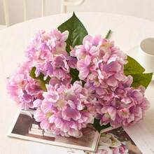 Artificial Hydrangea Bouquet Realistic Faux Long Stem Flower With Leaves - Purple - View 4