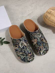 New Retro Paisley Pattern Wedge Mule Shoes For Women, Hollow-Out Side Open Thick Bottom Slip-On Sandals, Comfortable Soft Bottom Slouchy Outdoor Wear Backless Slippers - Floral Green - View 3