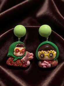 1 Pair Quirky Chinese Style Festive Resin Earrings - Light Green Bead Earring Base + Asymmetric Headscarf Flower Doll Shaped Earrings, Suitable For Casual Daily Wear / Chinese New Year Theme Party - Multicolor - View 3