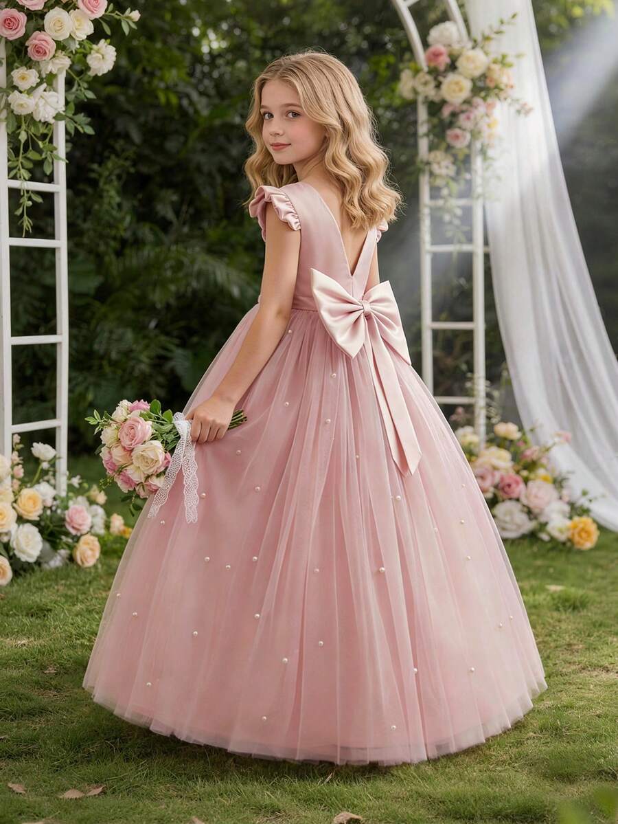 少女粉色短袖手工串珠蝴蝶结圣诞派对优雅连衣裙，公主裙，适合女孩生日派对、舞会、毕业典礼、婚礼伴娘、节日庆典等场合。