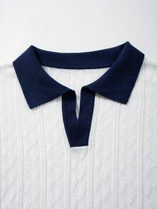 Men's Knitted Polo Shirt, Contrast Color Collar, Short Sleeve, Loose Fit, Dropped Shoulder, Italian Luxury Style, Vertical Stripe Texture, Color Block Trim, Spring/Summer - White - View 8