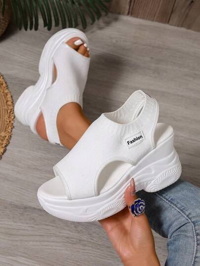 新款厚底坡跟女式夏季凉鞋，百搭弹力女式凉鞋，高跟优雅女式凉鞋，网眼透气舒适女式凉鞋，黑色，坡跟高跟女式凉鞋