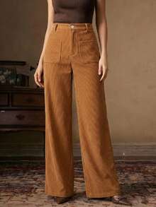 Women's High Waist Solid Color Straight Leg Wide Leg Pants, Spring/Summer - Camel - View 3