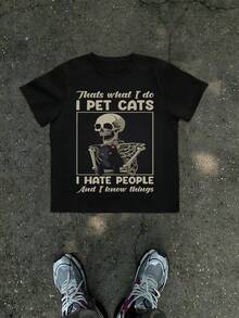1Pcs Skeleton Petting Cat Print Men's T Shirt I Hate People Theme 100% Cotton TShirt Men's Summer Casual Tee Gift For Men With Funny Quote Saying That's What I Do I Pet Cats And I Know Things Graphic Novelty Top Tee - 黑色 - 查看 8