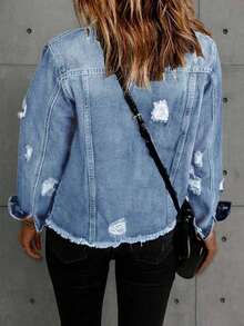 Women's Distressed Washed Denim Jacket, Autumn Casual Spring - Light Wash - View 3