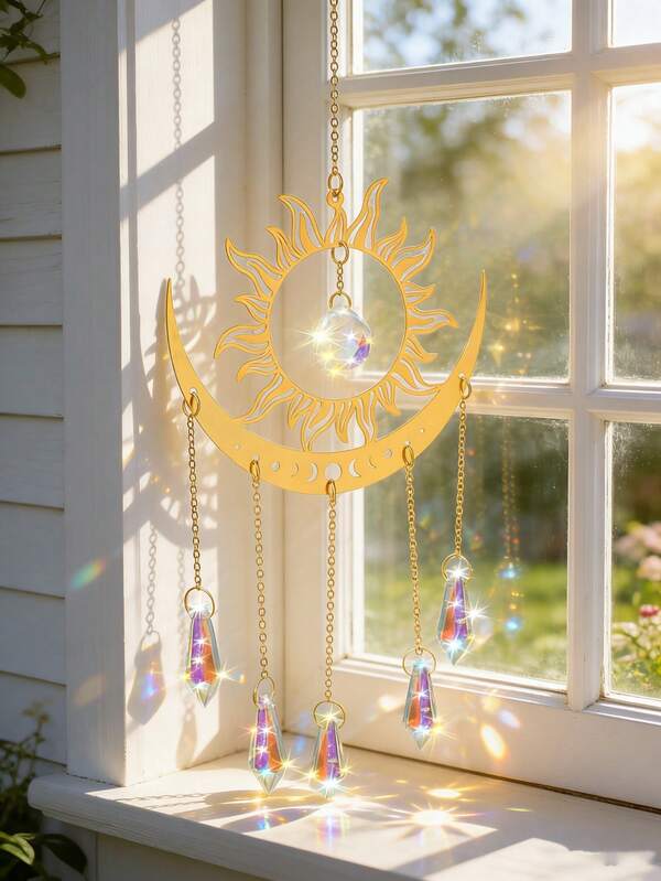 1件金色日月水晶捕梦网，波西米亚风窗棱镜，彩虹制造器，波西米亚家居装饰，充满魔幻美感的房间装饰，冥想装饰，月相壁画，送给妈妈的礼物，瑜伽室装饰，卧室客厅厨房窗户装饰，棱镜水晶球吊坠，波西米亚独特家居装饰，正能量装饰，家居礼品，日月星辰装饰，水晶疗愈装饰，窗棱镜折射器