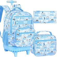 Bộ 3 món gồm ba lô kéo bằng nylon bền chắc, họa tiết mèo và bóng bay dễ thương, kèm túi đựng cơm trưa và hộp bút, khóa kéo, kiểu dáng vui nhộn cho trường học và du lịch. - 21 Ba lô một bánh xe - Xem 8