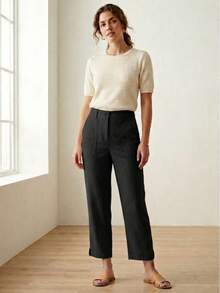 Women's Tailored Capri Cigarette Trousers In Linen And Viscose – Elegant Pantacourt With A Slit At The Hem - 黑色 - 查看 10