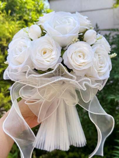 1 pieza Ramo de novia de rosa artificial de tul blanco romántico, adecuado para el ramo de boda, ceremonias de graduación, aniversarios, cumpleaños, como regalo para amantes y amigos.