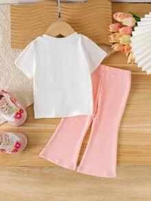 2pcs/Set Baby Girls' Cute Floral Print Round Neck Top And Flared Casual Pants Set, Summer - White - View 2