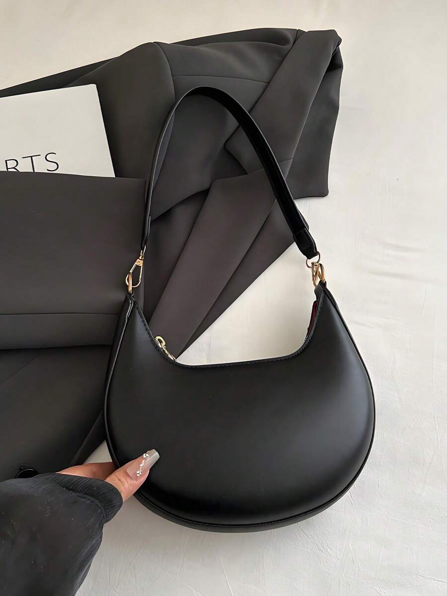Crescent Shaped Pu Leather Handbag, Simple & Stylish, Women, Shoulder Bag, Moon Bag,Carteras Para Mujer,Work, Shopping, Date Night, Travel & Daily Use - 黑色 - 查看 1