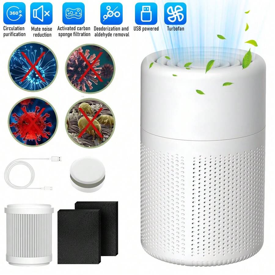 360° Circulation Mini Air Purifier, USB Quiet Air Cleaner With 3‑Stage Activated Carbon Filtration, Portable Odor Formaldehyde Dust Remover For Home Office Bedroom Pets Smokers - 白色 - 查看 1