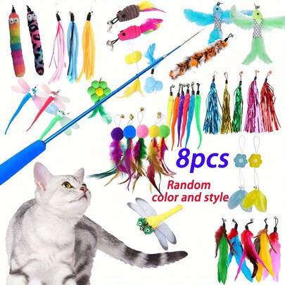 8pcs/Set Random Style & Color Pet Cat Toys, Colorful Feather Wands, Pom Pom, Bell, Replaceable Teaser Sticks