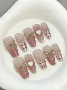 10pcs Pure Handmade Press On Nails Long Coffin Nail Pink White And Golden Nails With Three-Dimensional Heart And Checkered Pattern Frence Fancy Cute Pain Y2k Gentle Stroble Flash Temperament For Women And Girl,Spring Summer Fall Winter,Holiday And Daily Life Use - Pink - View 2