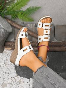 Sandal đế xuồng kiểu retro màu trơn có khóa cài dành cho nữ cỡ lớn. - trắng - Xem 3