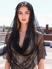 1pc Black Lace Bridal Veil, Women's Solid Color Lace Embroidered Shawl Scarf Muslim Headscarf - 黑色 - 查看 1