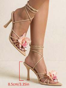 planare Giày sandal cao gót nữ mùa hè mới, họa tiết hoa 3D, màu kaki - Mũi nhọn, quai buộc bằng da PU, kiểu dáng thanh lịch, thích hợp cho kỳ nghỉ. - Màu Khaki - Xem 6