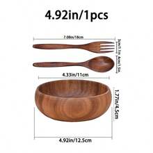 手工打造三件套圆形木质沙拉碗，包含1个碗、1个勺子和1个叉子，天然实木，日式风格，适用于爆米花、意面、糖果、麦片、椰子酱、开胃菜，厨房、圣诞节、万圣节、复活节、感恩节、餐厅等场合，多种尺寸可选。 - 彩色 - 查看 6