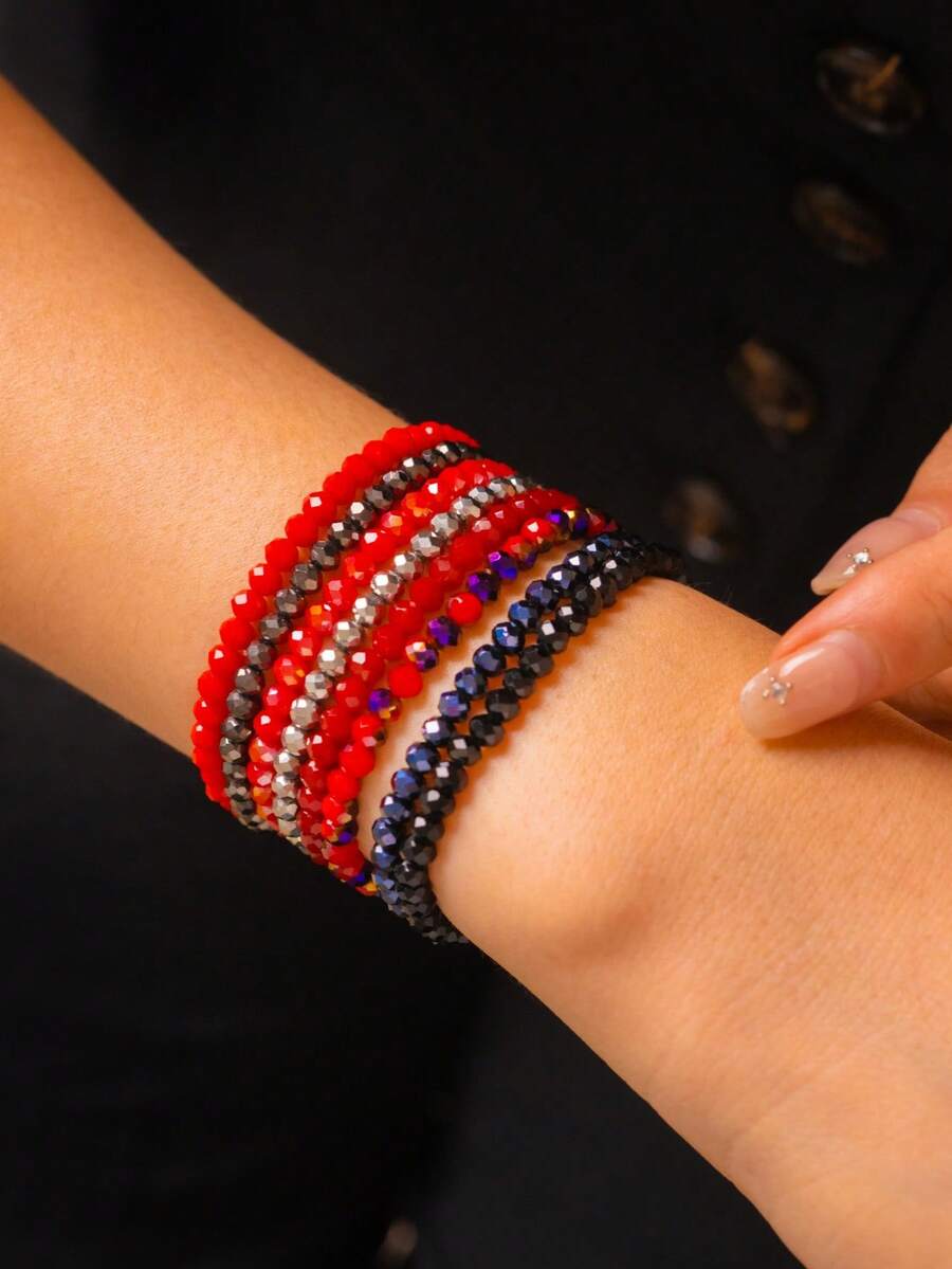 8pcs Bohemian Beach Style Red Crystal Layered Bracelets Set For Women - Red Series - View 1