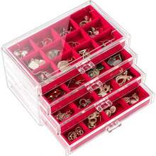 Lolalet Caja Organizador para Joyas Pendiente Acrílico Bandeja Apilable Joyero Transparente para Arete Pulsera Collar Anillo Colgante Broches Estuche Joyería Cajon Terciopelo -Magenta 4 Capas - Magenta - Ver 1