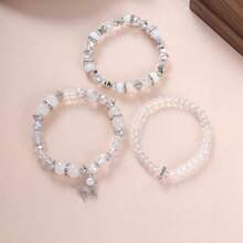 3pcs Women's Bohemian Style Crystal Beaded Silver-Tone Alloy Embedded Glass Rhinestone Star Pendant Bracelet Set - White - View 3