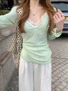 Women's V-Neck Long Sleeve T-Shirt, Versatile Sun Protection Layering Top, Spring/Summer - Green - View 3