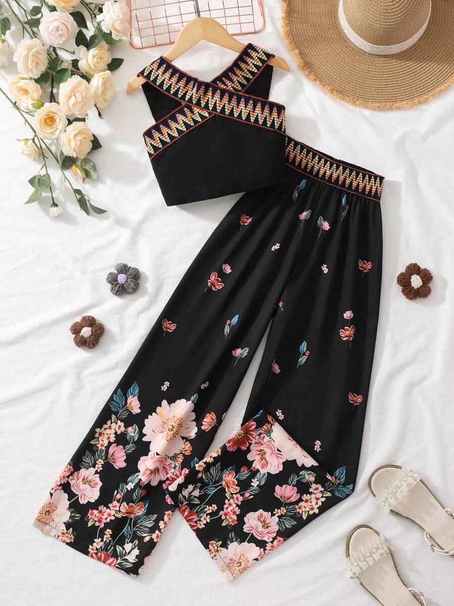 2pcs/Set Girls Casual Criss-Cross Strap Tank Top And Ditsy Floral Straight Leg Pants, Summer - Black - View 1