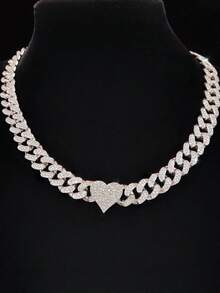 1条13毫米水晶心形链项链，女士时尚嘻哈心形链项链，适合日常佩戴或参加派对，情人节礼物 - 銀色 - 查看 8