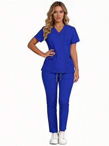 Repeat Customer Favorite! Breathable, Moisture-Wicking Scrubs For Women, Dynamic Fit & Quick-Drying Fabric,Multiple Pockets, Fade Proof, Suitable For All Seasons - Màu xanh lam - Xem 2