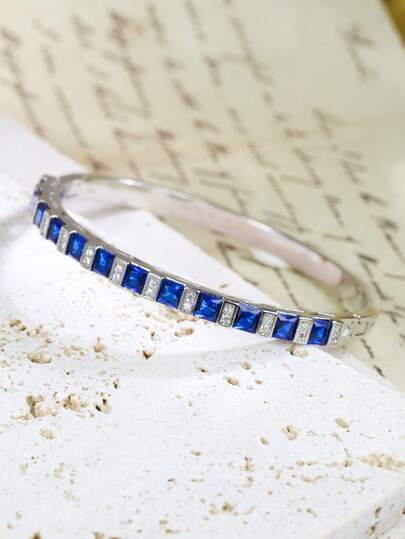 1pc S925 Silver Women's Bracelet, Featuring Square Blue Sapphire And Round Diamond Alternating Design, Minimalist Sparkle, Delicate Texture, Suitable For Daily Wear, Formal Events, Valentine's Day Gift, Carnival
