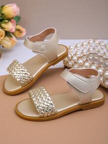 Sandalias doradas trenzadas para niños con cierre de gancho y bucle, cómodas sandalias de verano de punta abierta para niñas pequeñas - Dorado - Ver 3