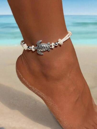 1pc Summer Beach Turtle Anklet For Women, Handmade Braided Rope Adjustable Foot Jewelry