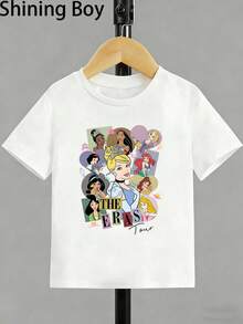 Disney Elsa,Ariel,Pocahontas,Rapunzel,Belle,Jasmine,Anna,,Snow White Princess Cartoon Print, Casual And Simple Short Sleeved T-Shirt, Suitable For Wearing In Spring And Summer Seasons, Suitable For Both Boys And Girls. Festival Gift - Blanc - Voir 2