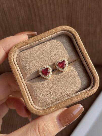 1 Pair 925 Sterling Silver Super Shiny Heart-Shaped Diamond Inlaid Red Stud Earrings, Ideal For Girls' Daily Wear, Dates, Valentine's Day And Anniversary Gifts